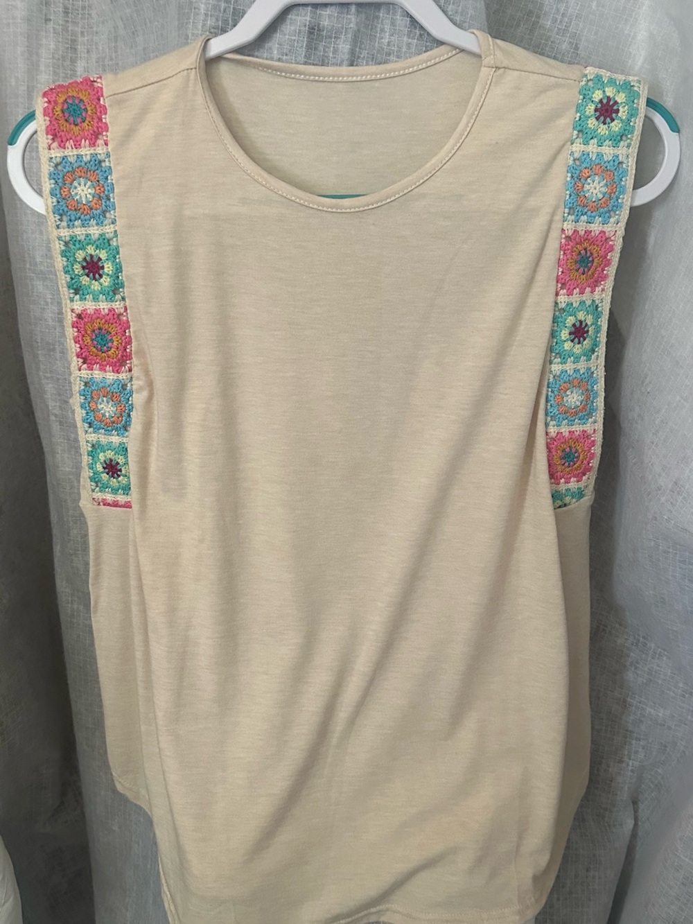 Beige Crochet-Trim Sleeveless Top